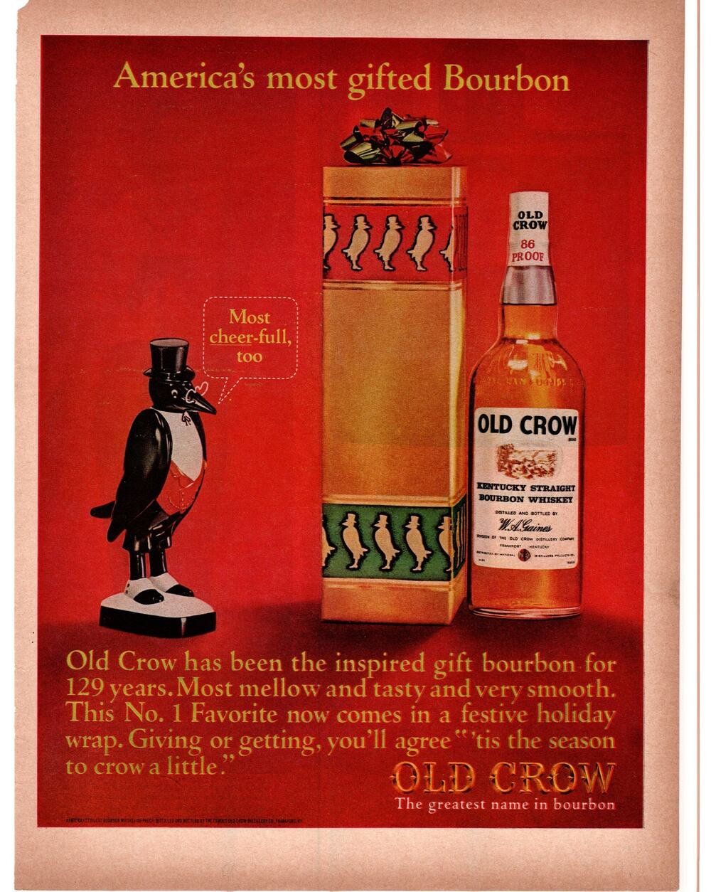 Old Crow Kentucky Straight Bourbon Advertisement 1960s Vtg Color Liquor Holiday